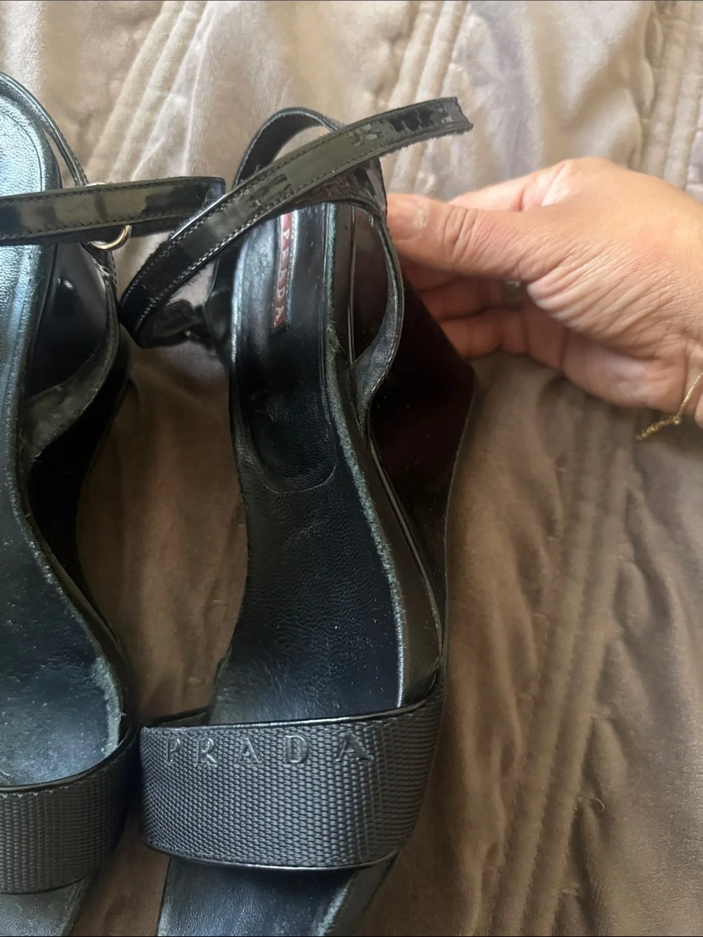 Authentic Y2K style Prada Black patent leather & Fabric Velcro strap sandals